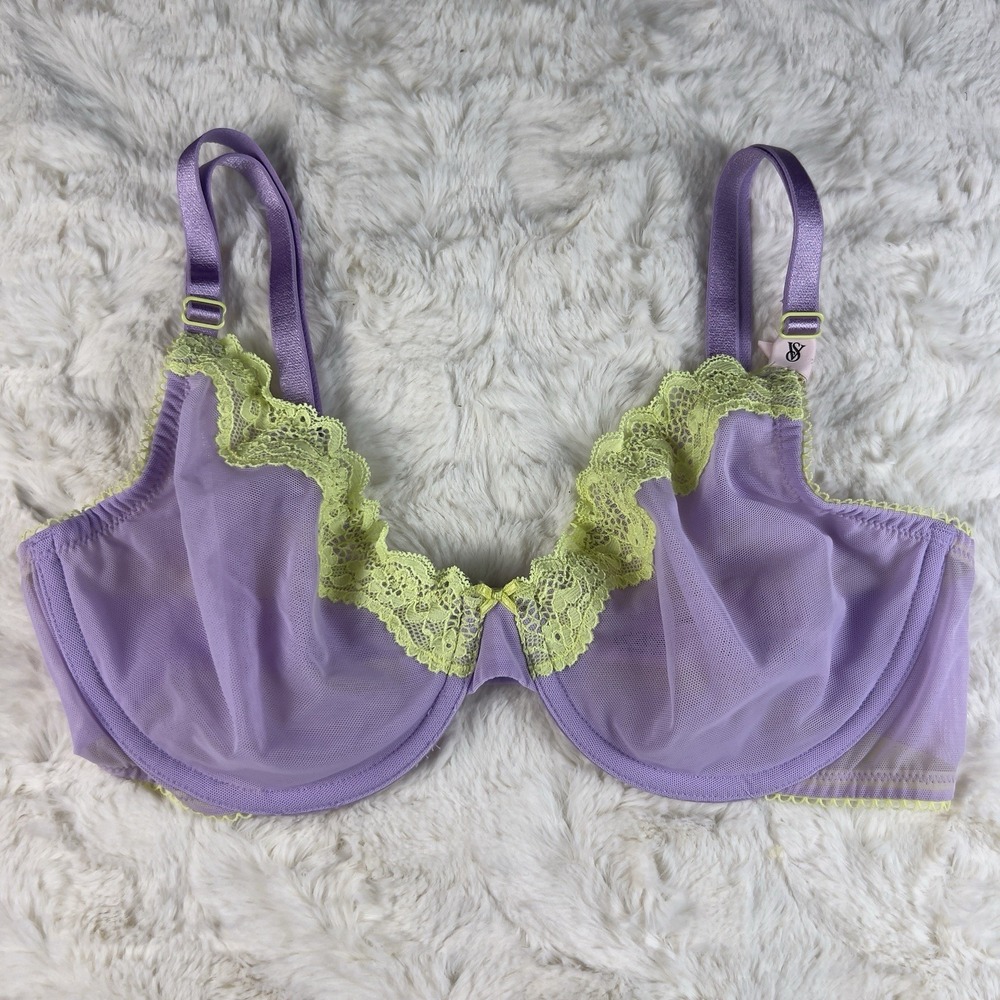 Victoria's Secret Tease‎ Unlined Demi Bra Purple Sheer Mesh Green Lace 32DDD NWT